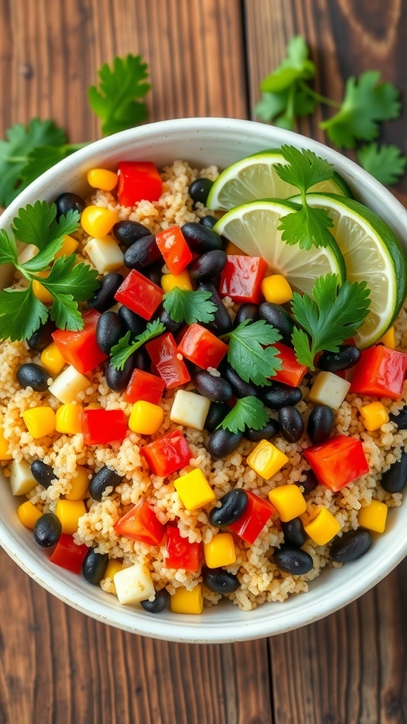 Mexican Quinoa Bowl Recipe A colorful Mexican quinoa bowl with black beans, corn, bell peppers, and cilantro on a wooden table.